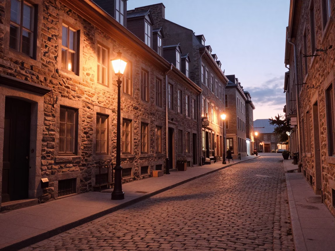 Quebec City Evening Street Scene with Vintage Streetlamp and Cobblestone Path in Copper Light in in Quebec City, Quebec, Canada