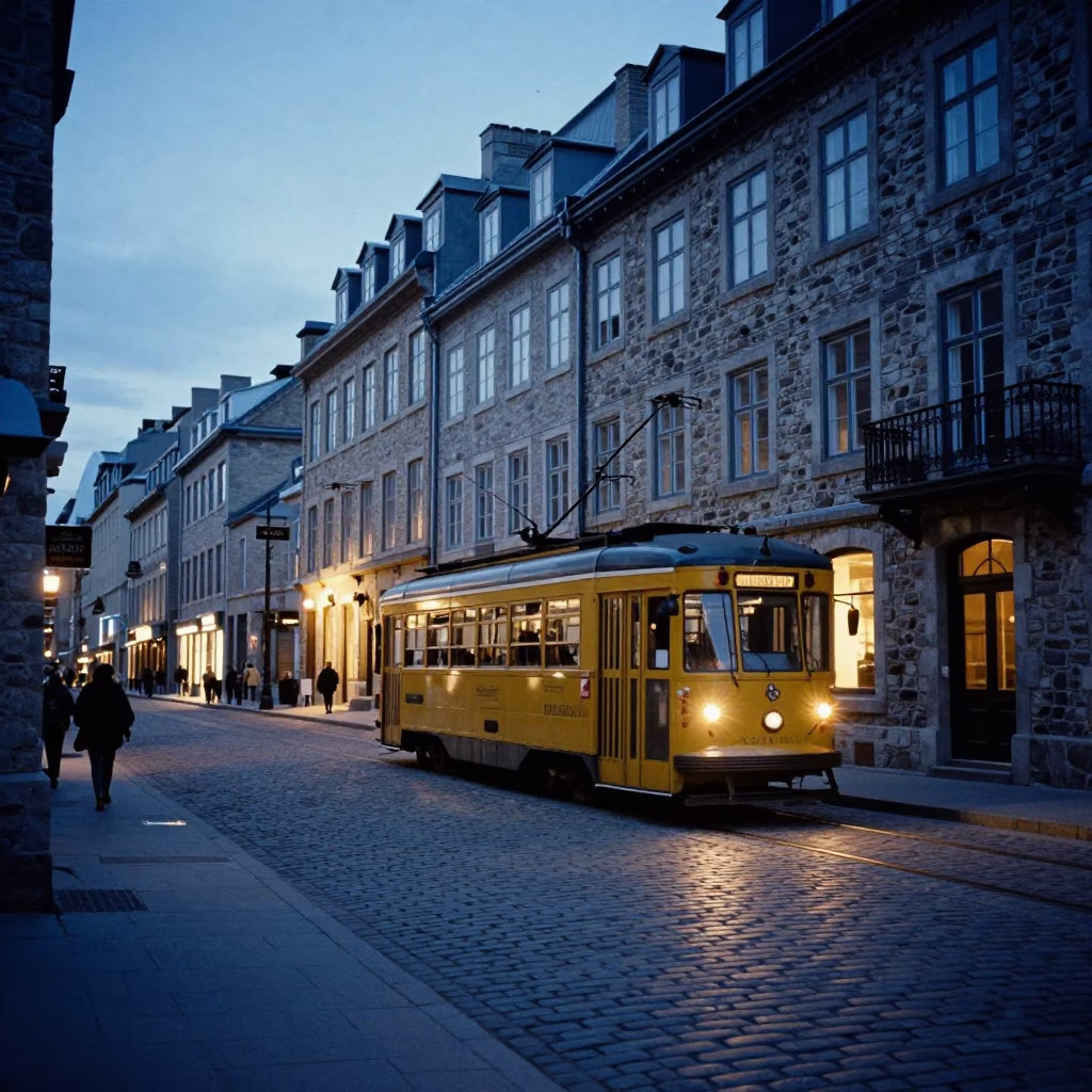 Quebec City Evening Street Scene with Vintage Tram and Urban Details in in Quebec City, Quebec, Canada