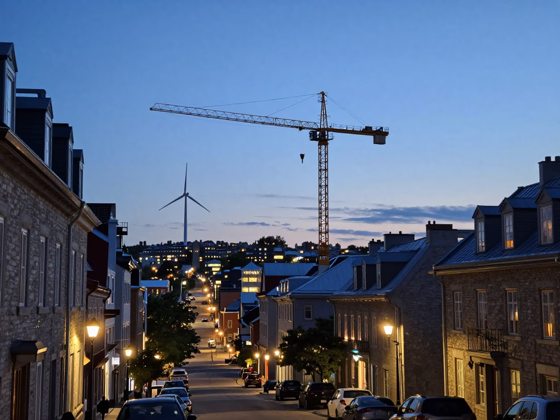 Quebec City Evening Street Scene with Wind Farm Crane and Brushed Steel Doorframe in in Quebec City, Quebec, Canada