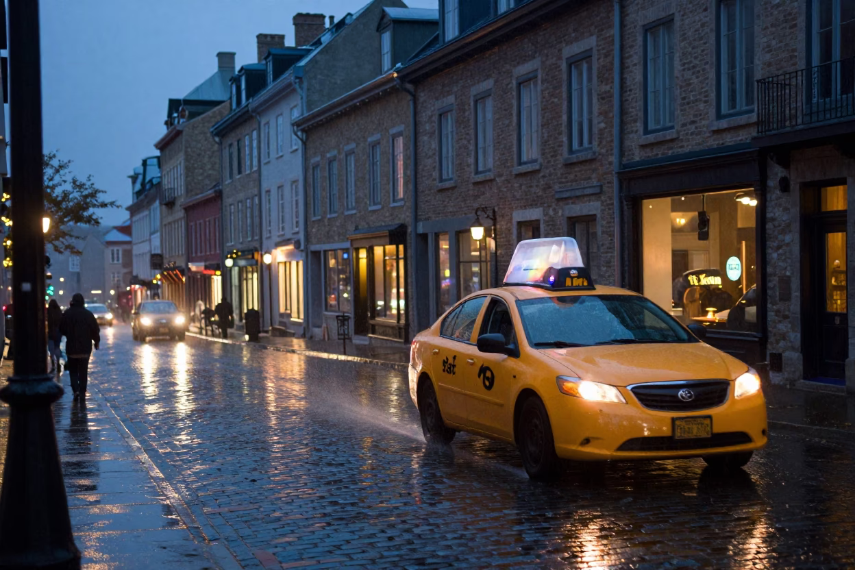Quebec City Evening Street Scene with Yellow Taxi and Rain in in Quebec City, Quebec, Canada