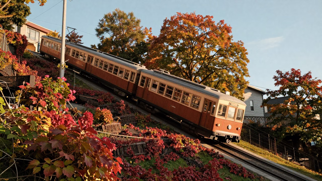 Quebec City Funicular Ascending Hill Covered in Autumn Vines Early Afternoon in in Quebec City, Quebec, Canada