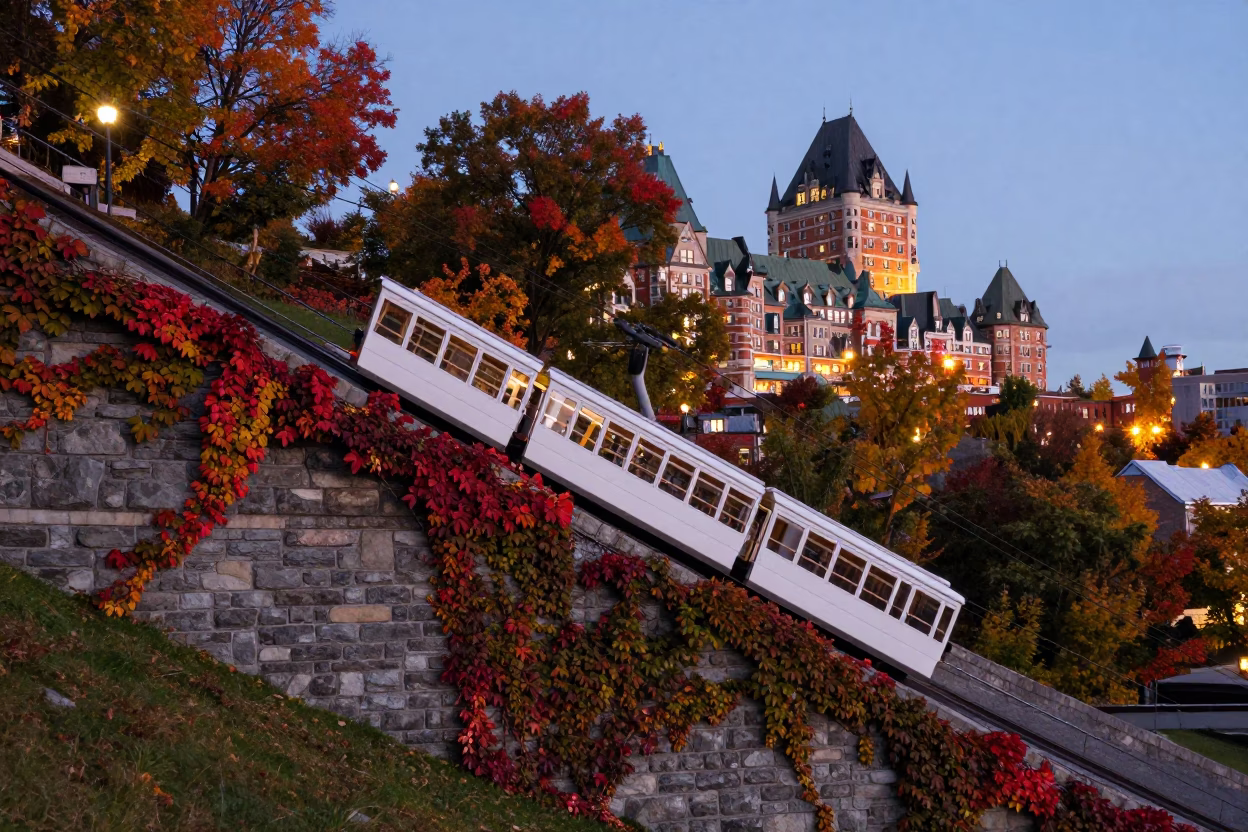 Quebec City Funicular Ascending Hillside Amidst Autumn Vines at Dusk in in Quebec City, Quebec, Canada