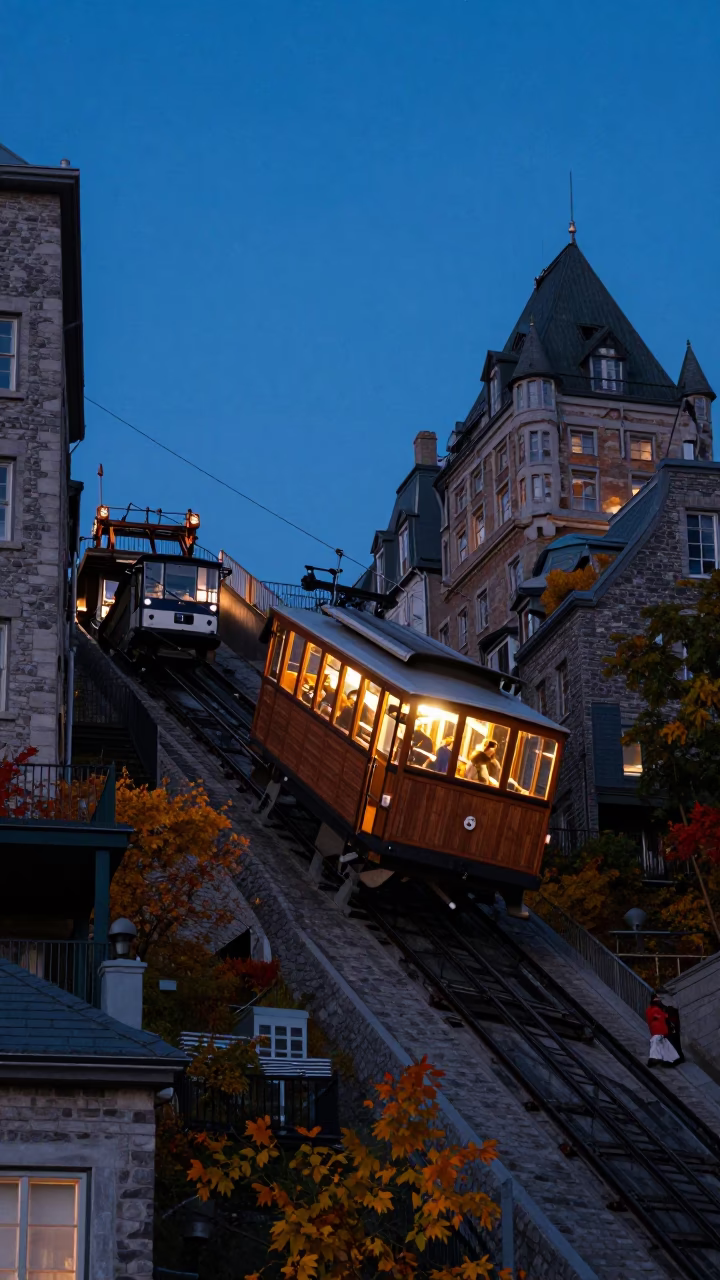 Quebec City Funicular Ascending Hillside in Indigo Twilight with Autumn Foliage in in Quebec City, Quebec, Canada
