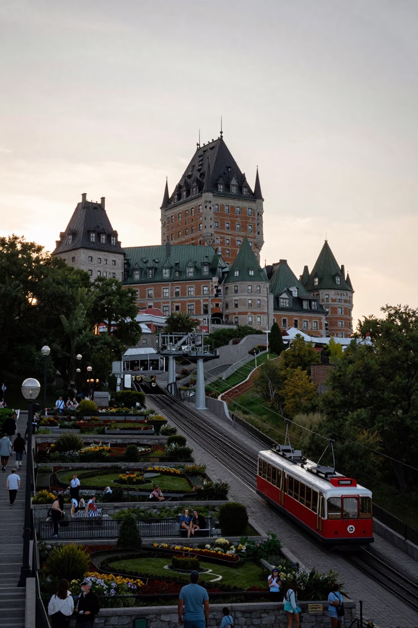 Quebec City Funicular Ascending Terraced Gardens at Sunset in in Quebec City, Quebec, Canada