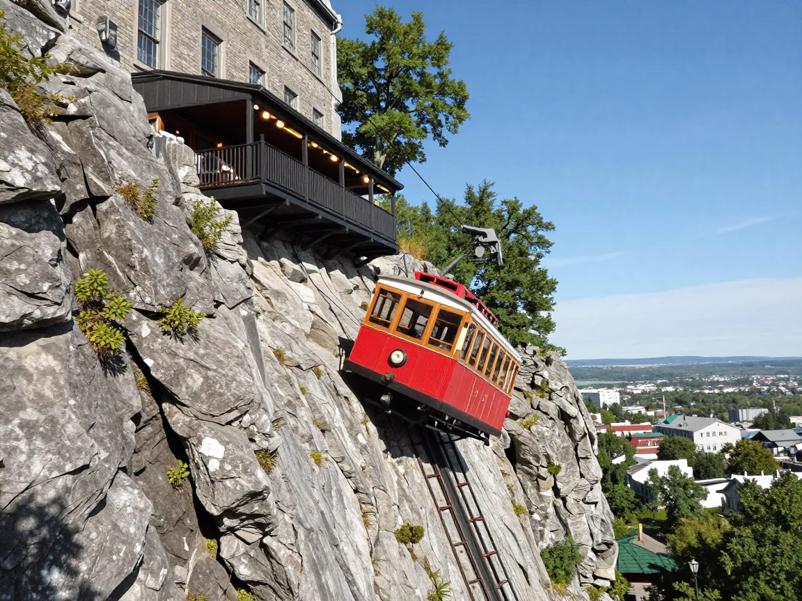 Quebec City Funicular Climbing Cliffside Restaurant Under Flat Noon Glare in in Quebec City, Quebec, Canada
