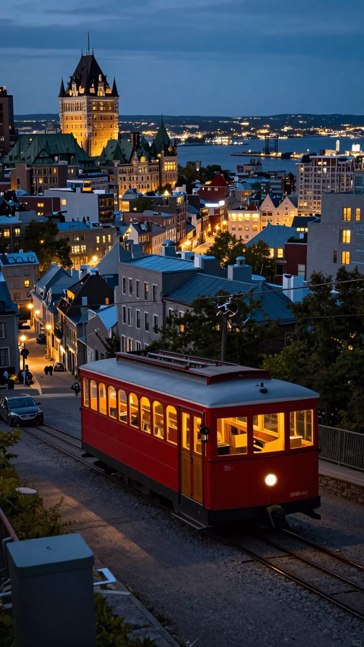 Quebec City Funicular Climbing Steep Hill at Dusk with City Lights in in Quebec City, Quebec, Canada