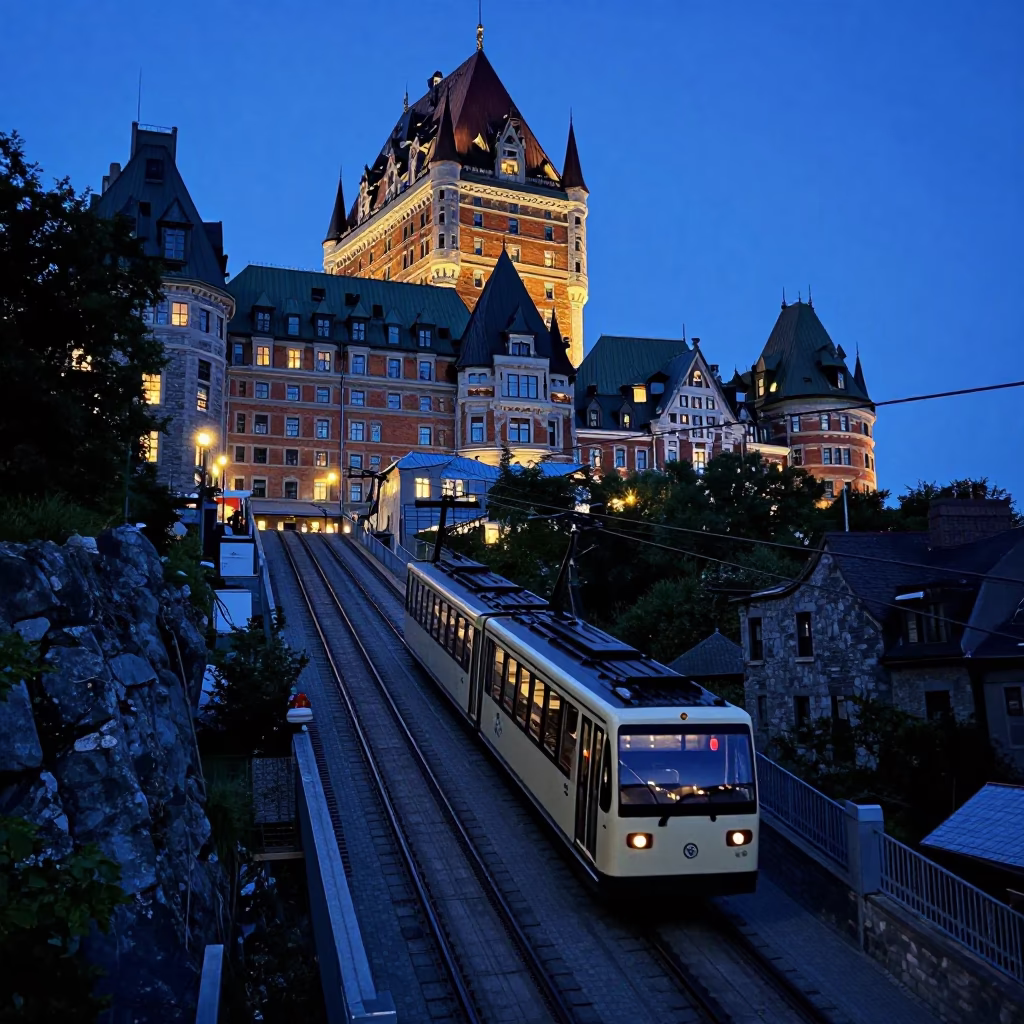 Quebec City Funicular Climbing Steep Hill in Evening Blue Light in in Quebec City, Quebec, Canada