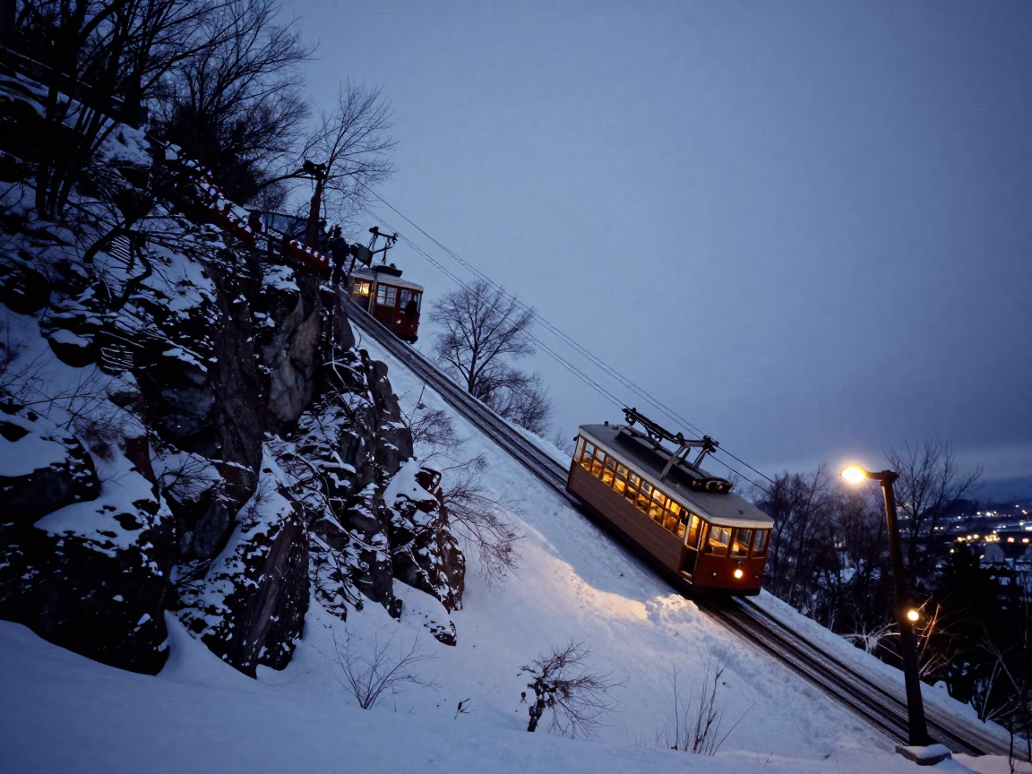 Quebec City Funicular Climbing Steep Hill in Predawn Darkness in in Quebec City, Quebec, Canada