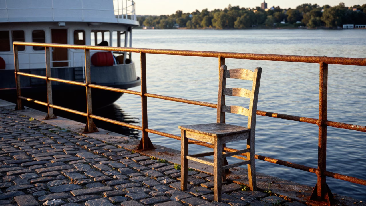 Quebec City Golden Hour Ferry Dock with Ladder-Back Chair and Camellia in in Quebec City, Quebec, Canada