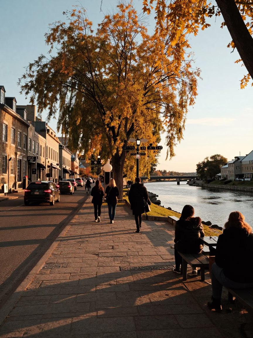 Quebec City Golden Hour Street Scene with Autumn Willows and Canal in in Quebec City, Quebec, Canada
