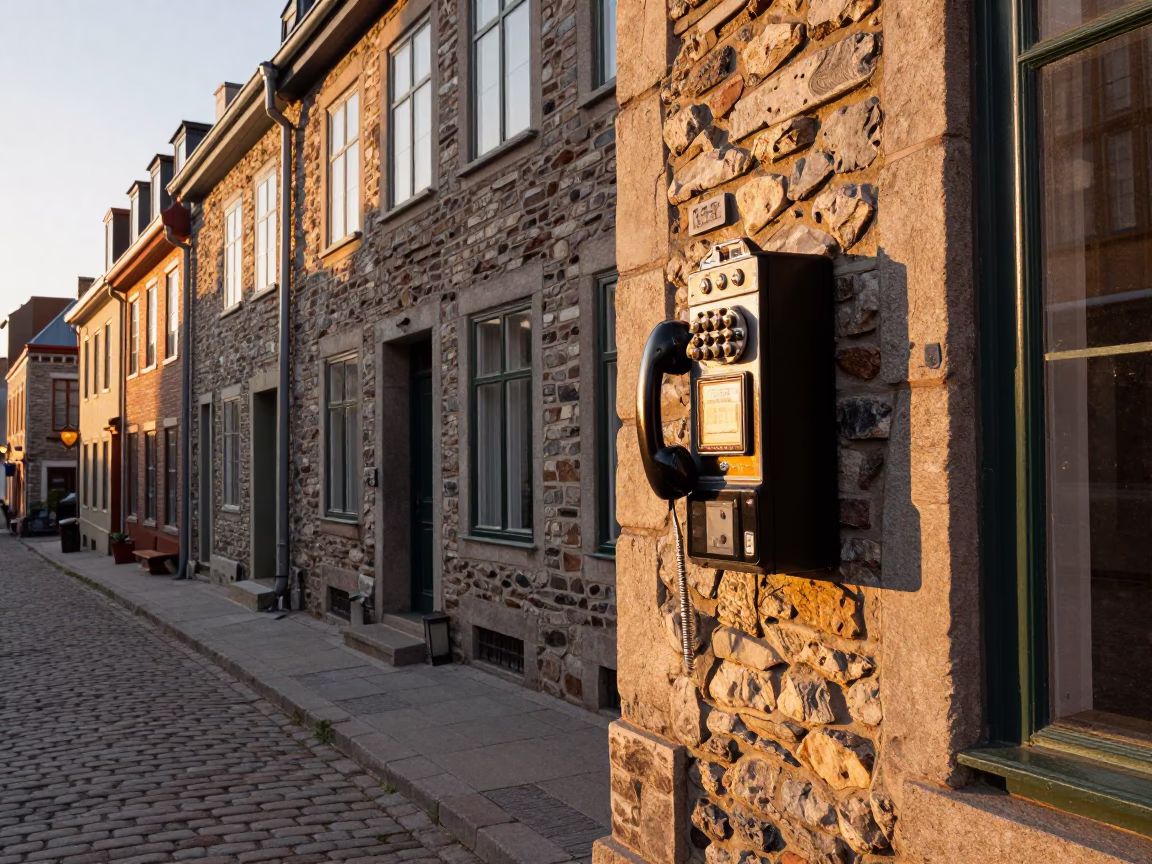 Quebec City Golden Hour Street Scene with Vintage Telephone and Heritage Architecture in in Quebec City, Quebec, Canada