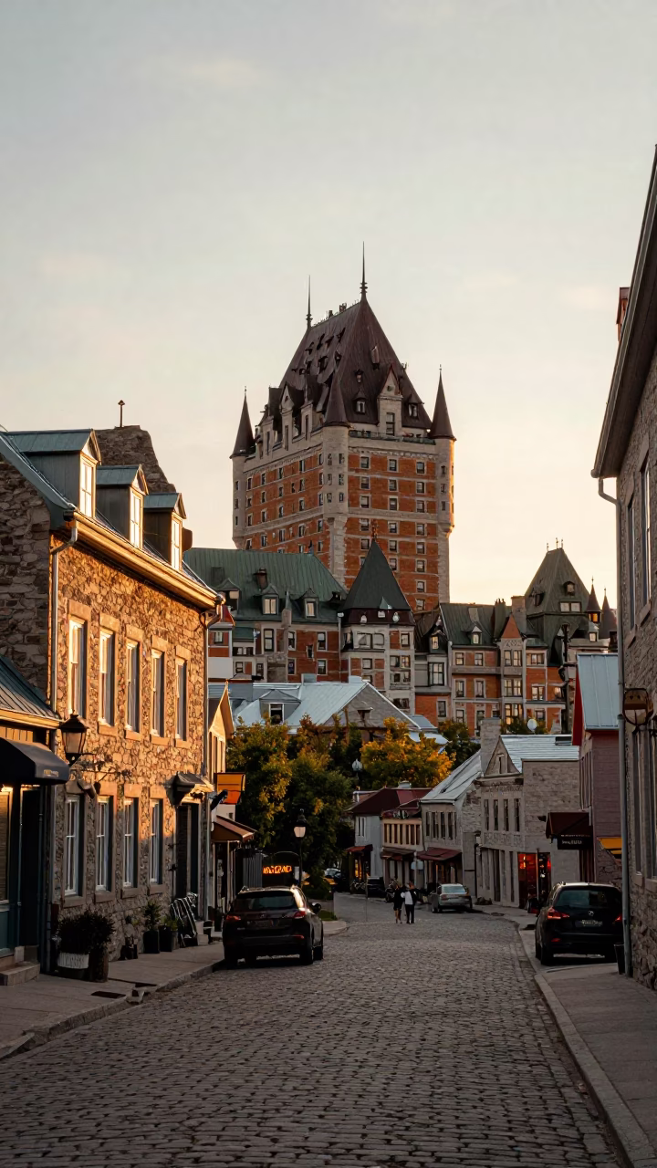 Quebec City Historic District at As The Sun Drops Toward The Horizon in in Quebec City, Quebec, Canada