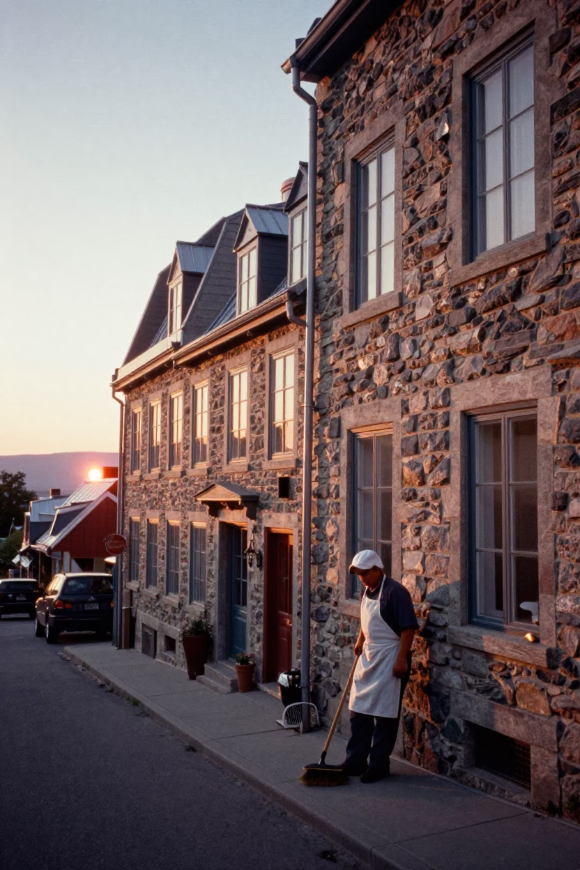 Quebec City Historic District at Sunset with Broom and Apron on Cobblestone in in Quebec City, Quebec, Canada