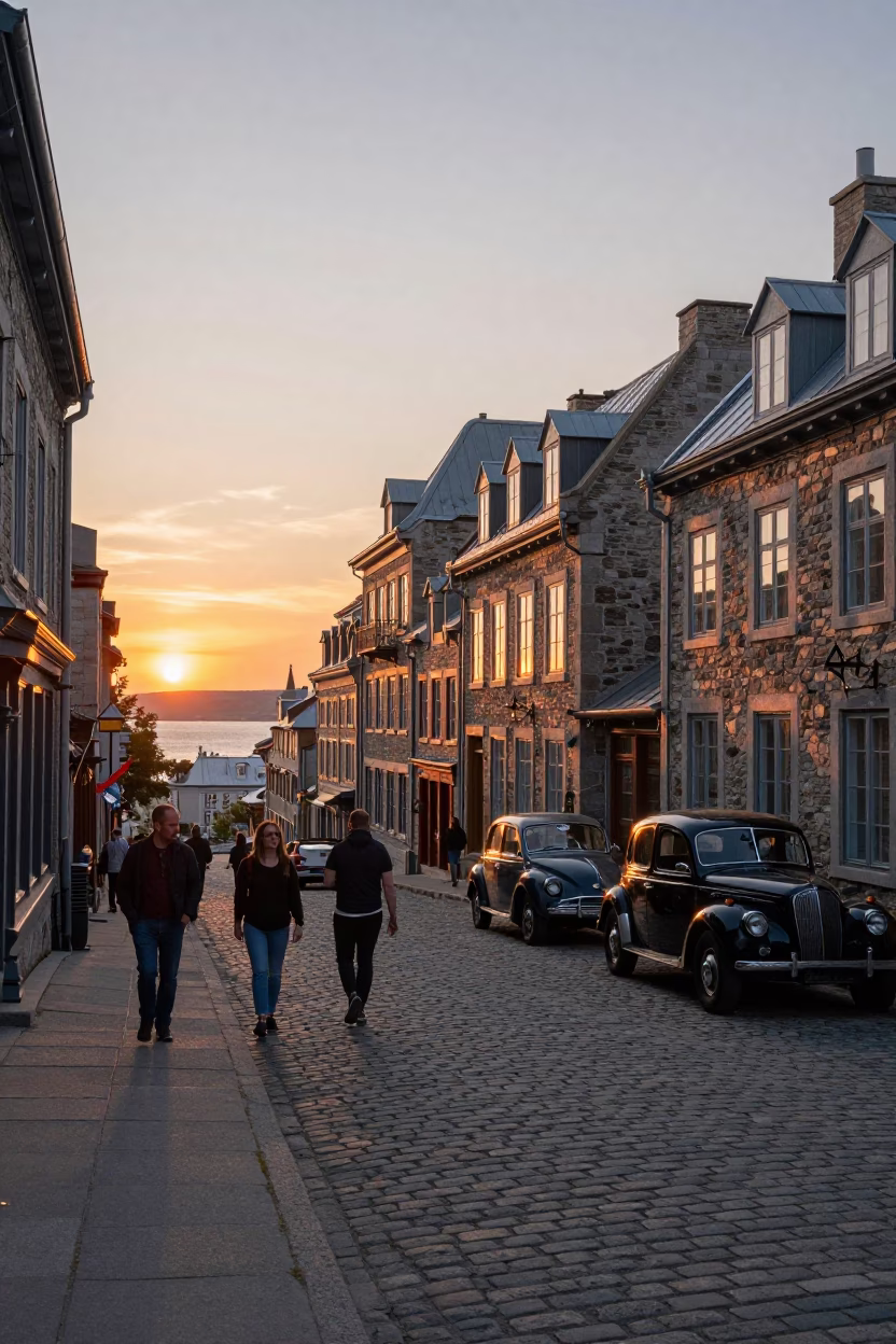 Quebec City Historic District at Sunset with Vintage Cars and Cobblestone Streets in in Quebec City, Quebec, Canada
