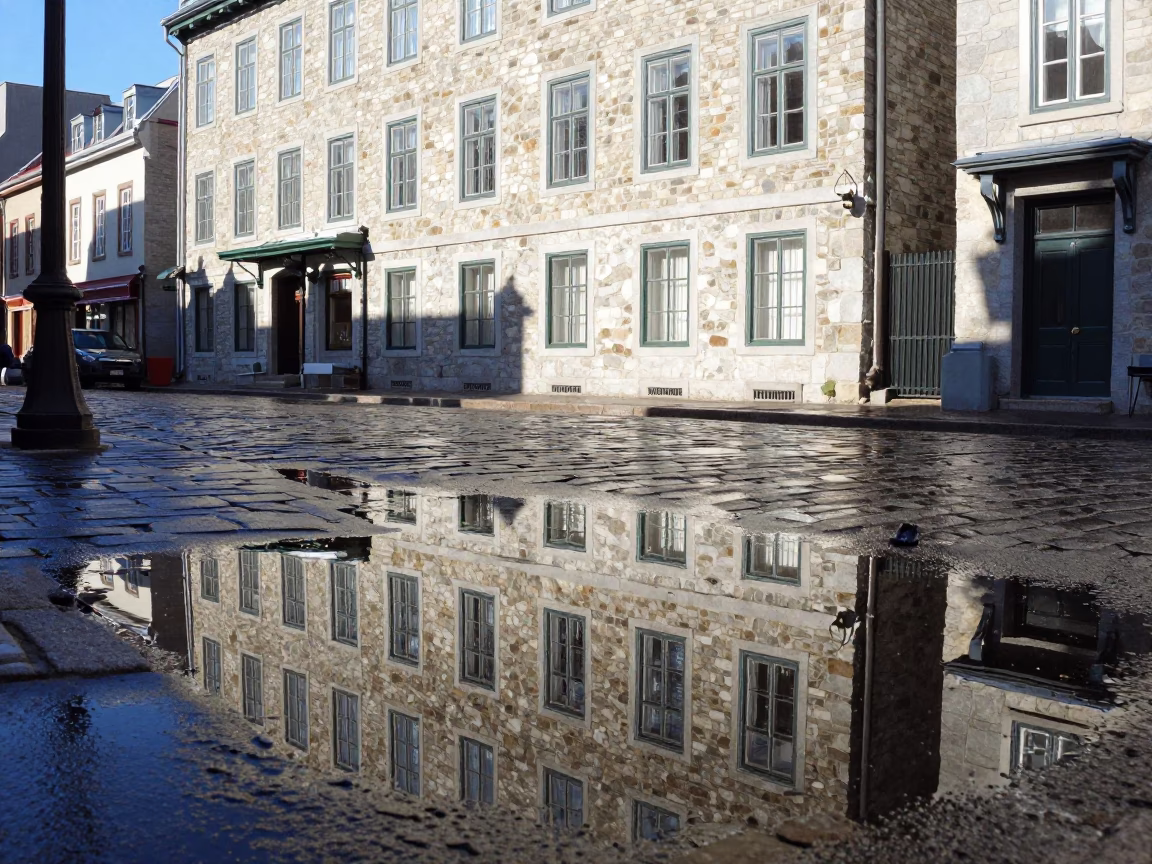 Quebec City Historic District Midmorning Puddle Reflections of Hotel Windows and Tail Lights in in Quebec City, Quebec, Canada