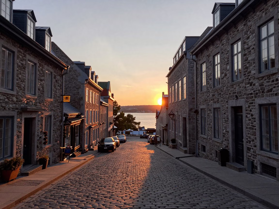 Quebec City Historic District Sunset View of Old Port and Stone Buildings in in Quebec City, Quebec, Canada