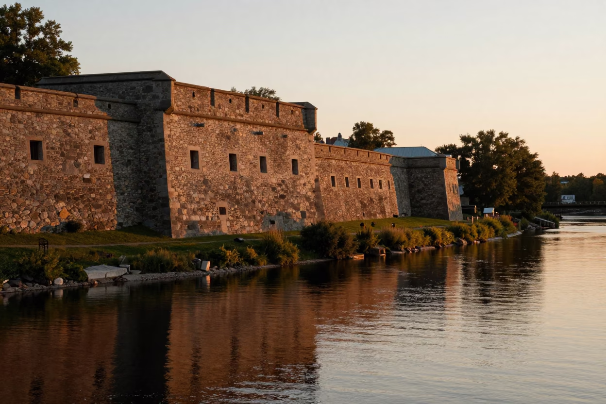 Quebec City Historic Stone Walls And River Reflections at Sunset Light in in Quebec City, Quebec, Canada