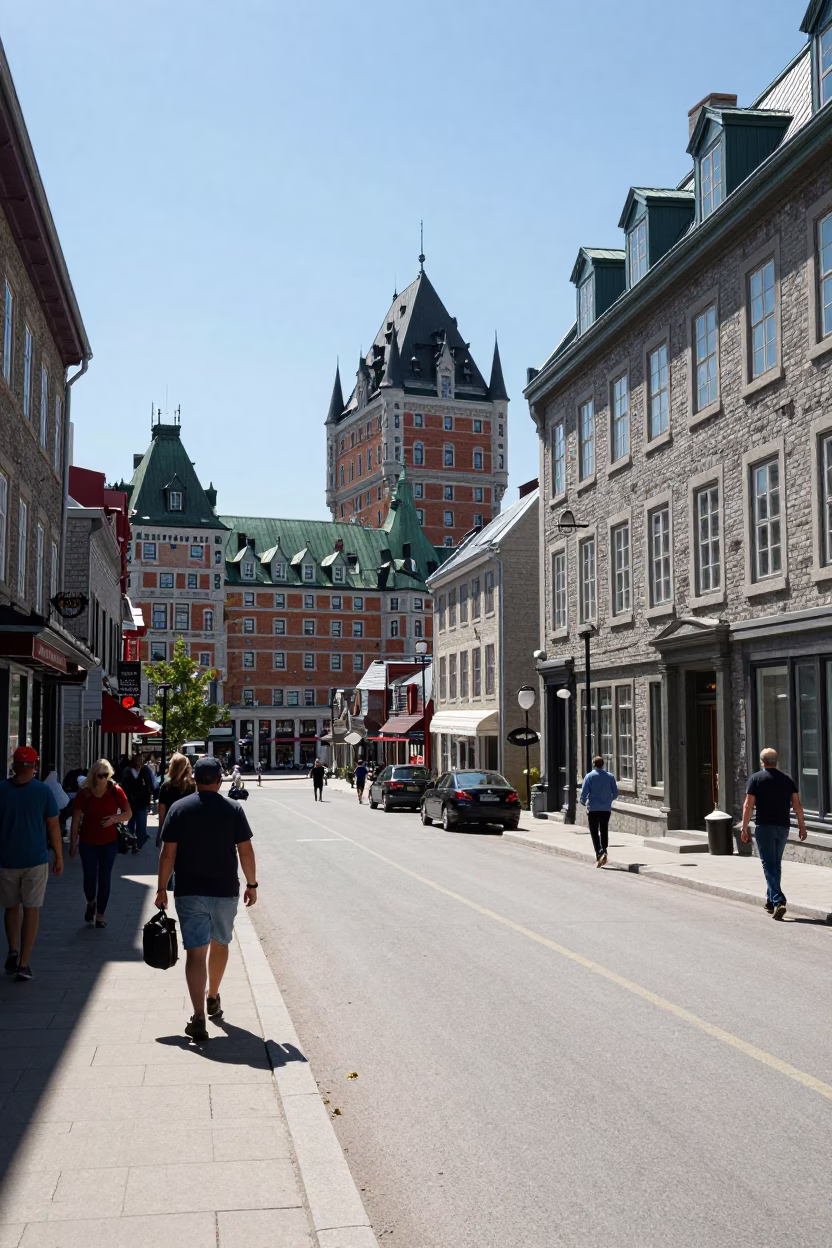 Quebec City Historic Street Scene Under Flat Noon Glare with Local Pedestrians and Architecture in in Quebec City, Quebec, Canada