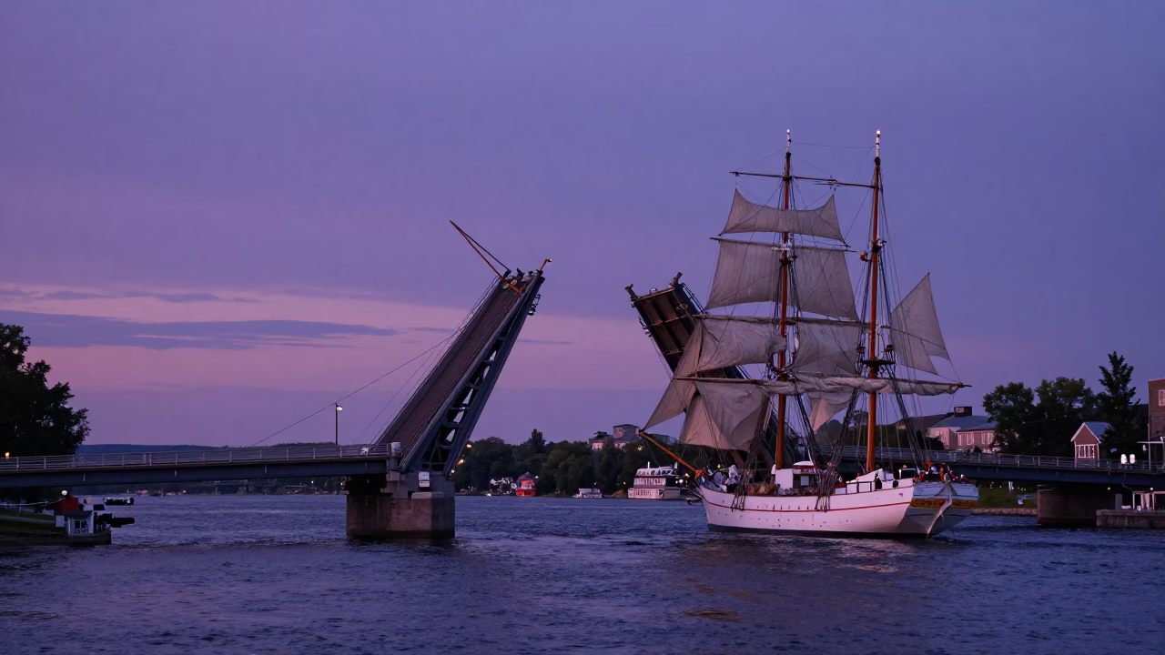 Quebec City Indigo Twilight Drawbridge Raising for Tall Ship at Old Port in in Quebec City, Quebec, Canada
