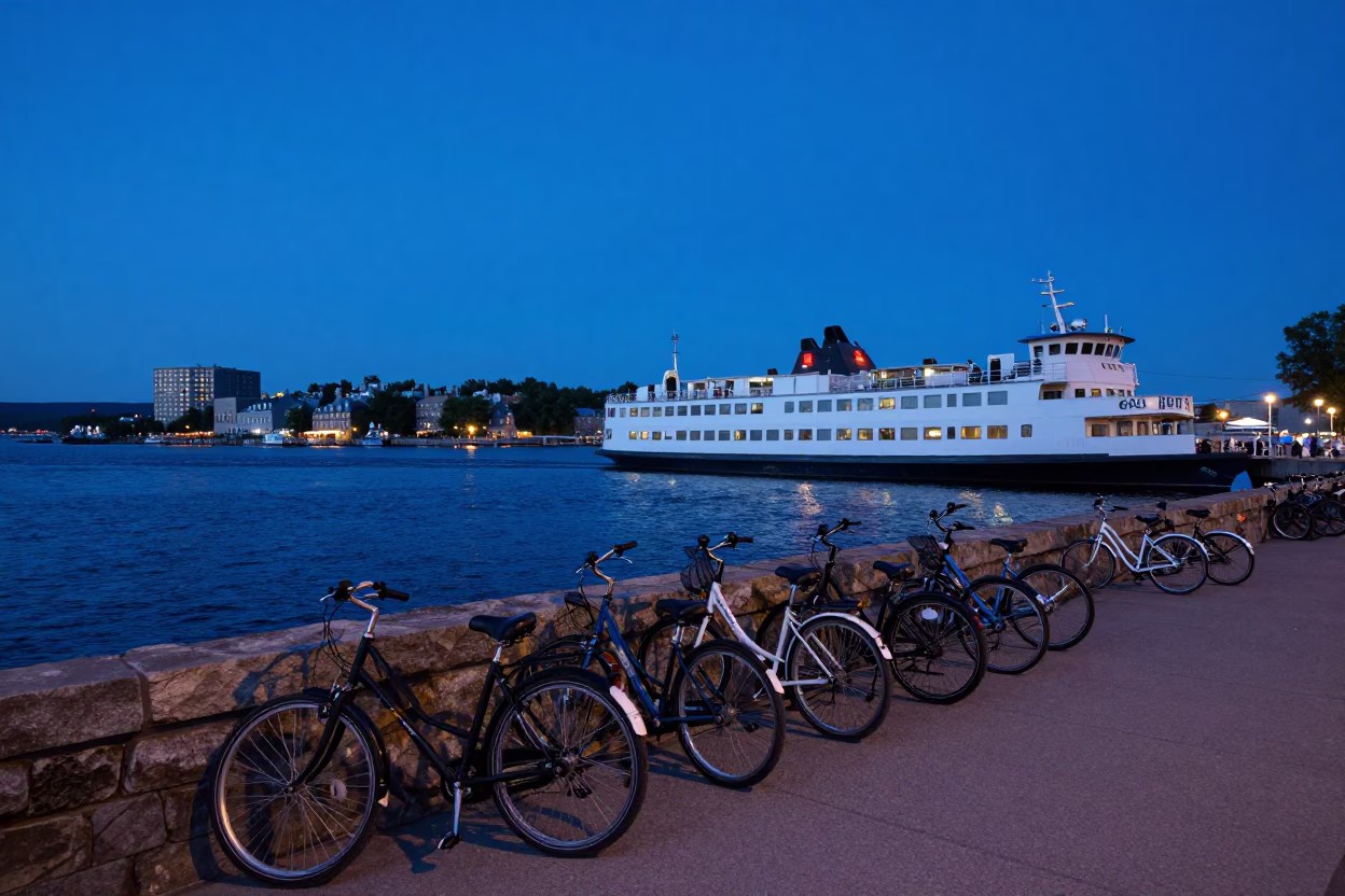 Quebec City Indigo Twilight Ferry Dock Scene with Bicycles and Passengers Loading in in Quebec City, Quebec, Canada