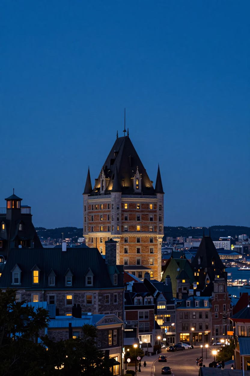 Quebec City indigo twilight stone observatory hilltop street scene with local pedestrians in in Quebec City, Quebec, Canada