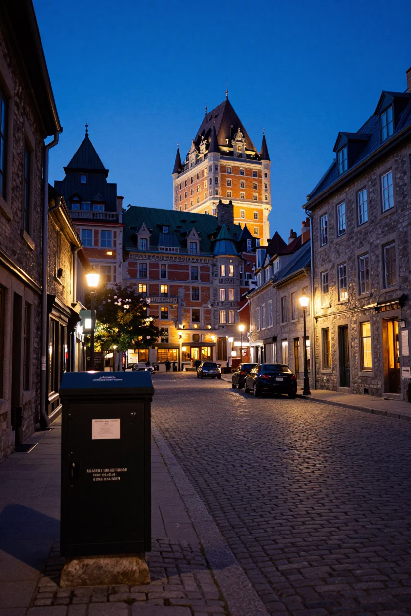 Quebec City indigo twilight street scene with file box and chair cushion in in Quebec City, Quebec, Canada