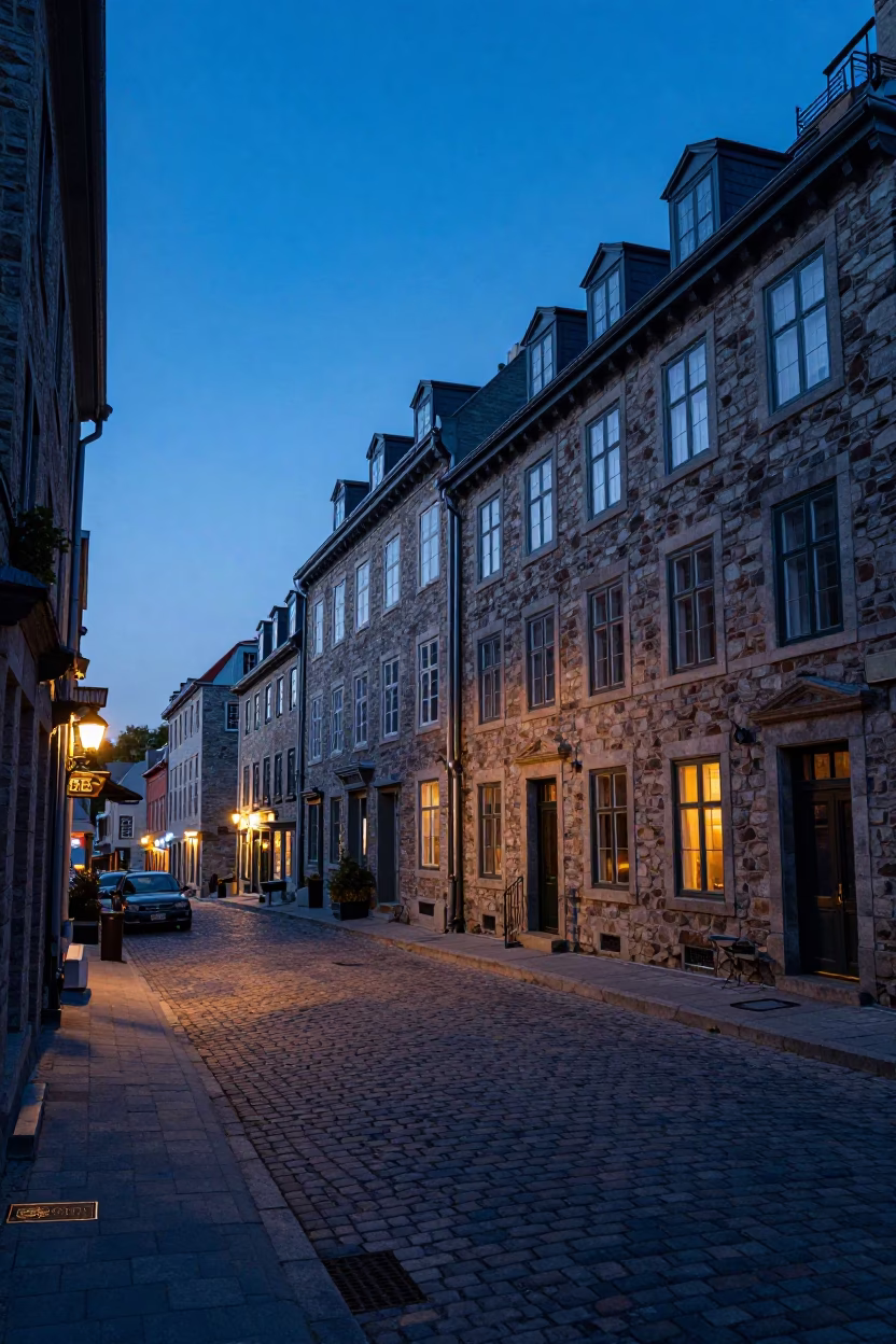 Quebec City Indigo Twilight Street Scene with Historic Stone Architecture and Evening Pedestrians in in Quebec City, Quebec, Canada