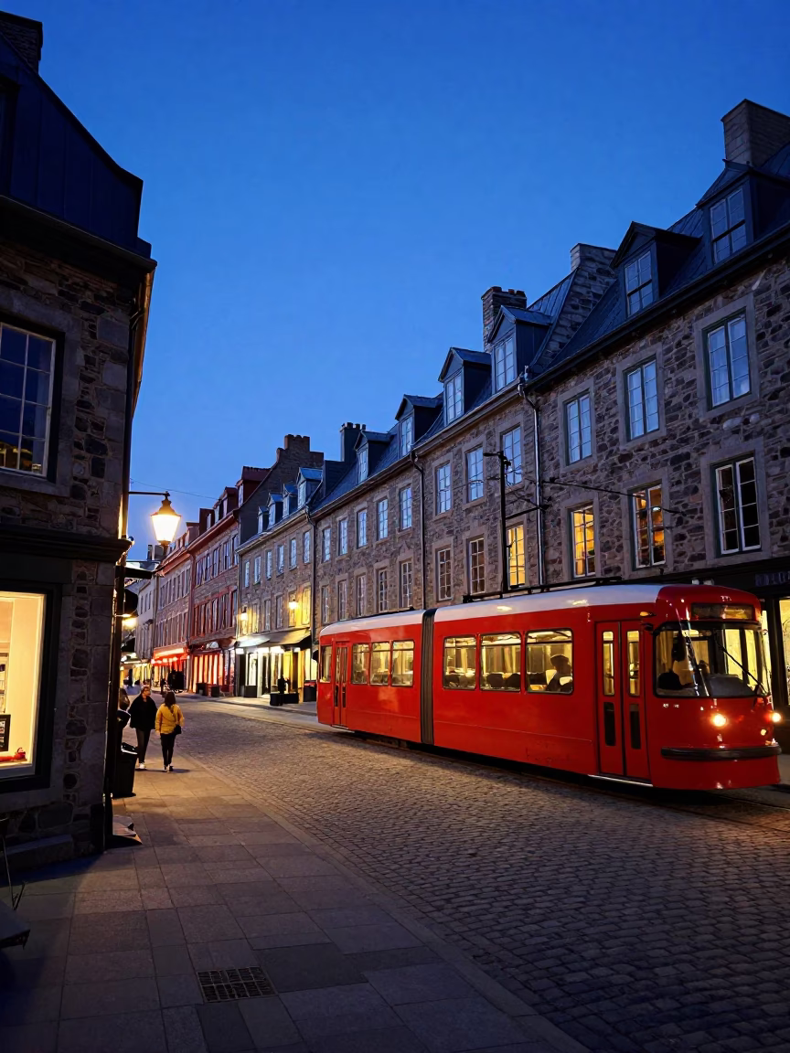 Quebec City indigo twilight street scene with historic stone buildings and tram lights in in Quebec City, Quebec, Canada