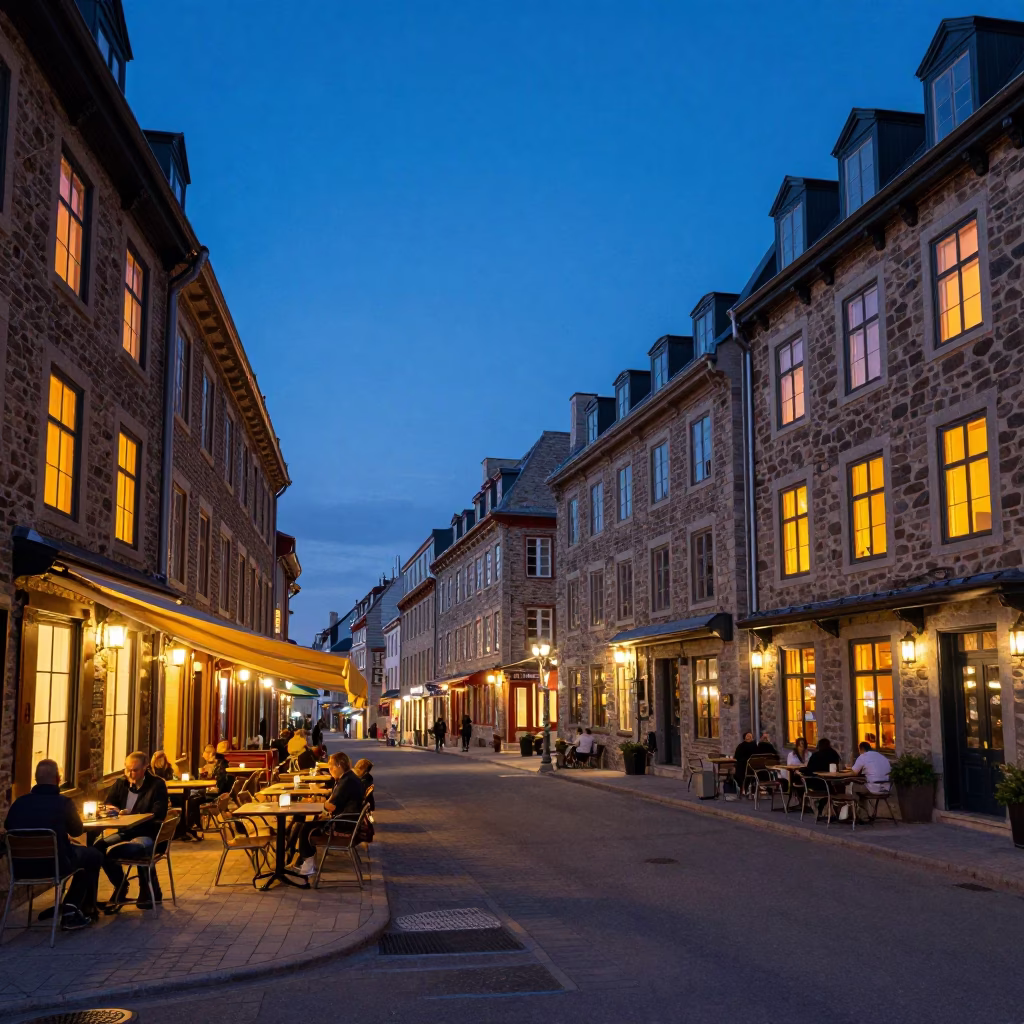 Quebec City Indigo Twilight Street Scene with Outdoor Dining and Urban Architecture in in Quebec City, Quebec, Canada