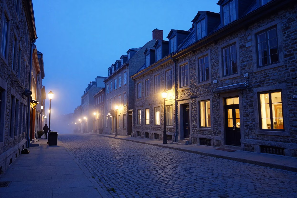 Quebec City Indigo Twilight Street Scene with Steam Haze and Historic Architecture in in Quebec City, Quebec, Canada