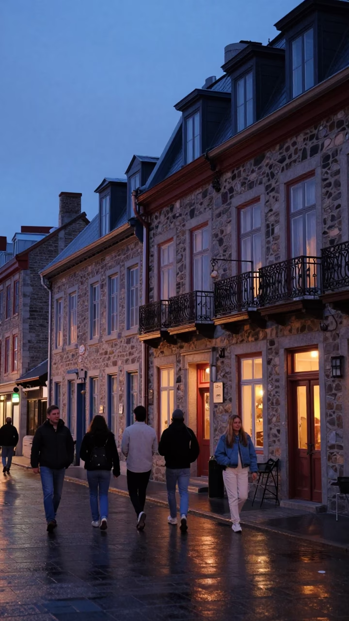 Quebec City indigo twilight street scene with vintage 1970s charm in in Quebec City, Quebec, Canada