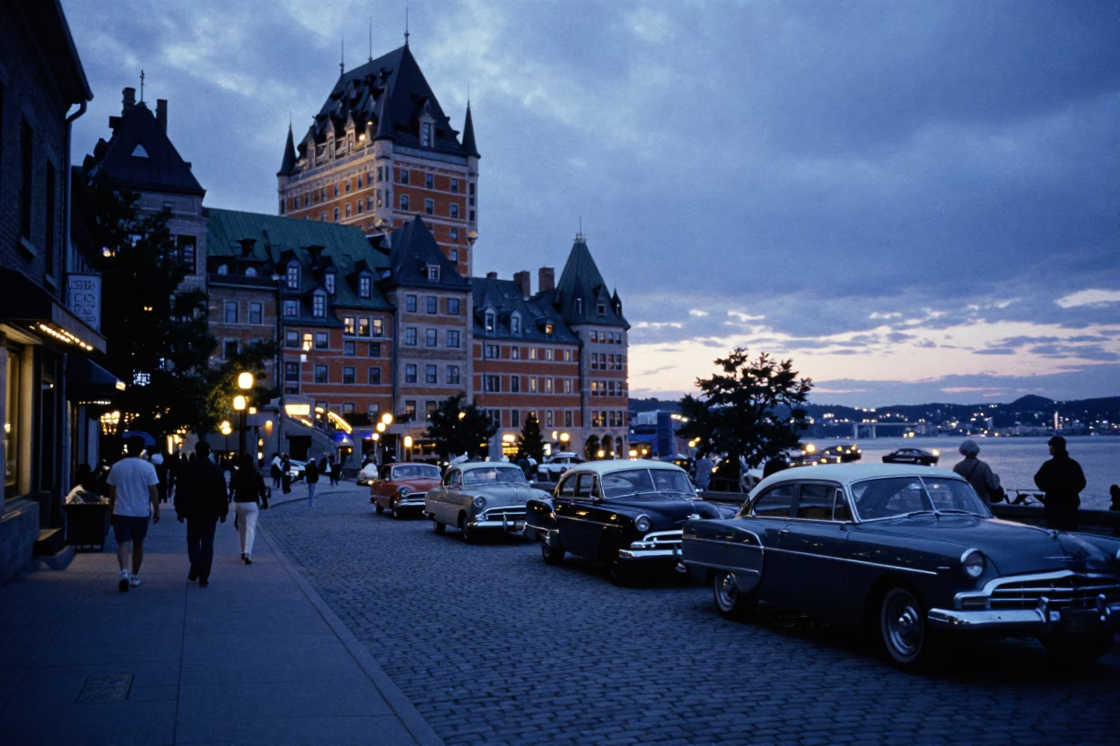 Quebec City Indigo Twilight Street Scene with Vintage Cars and Neon Signs in in Quebec City, Quebec, Canada