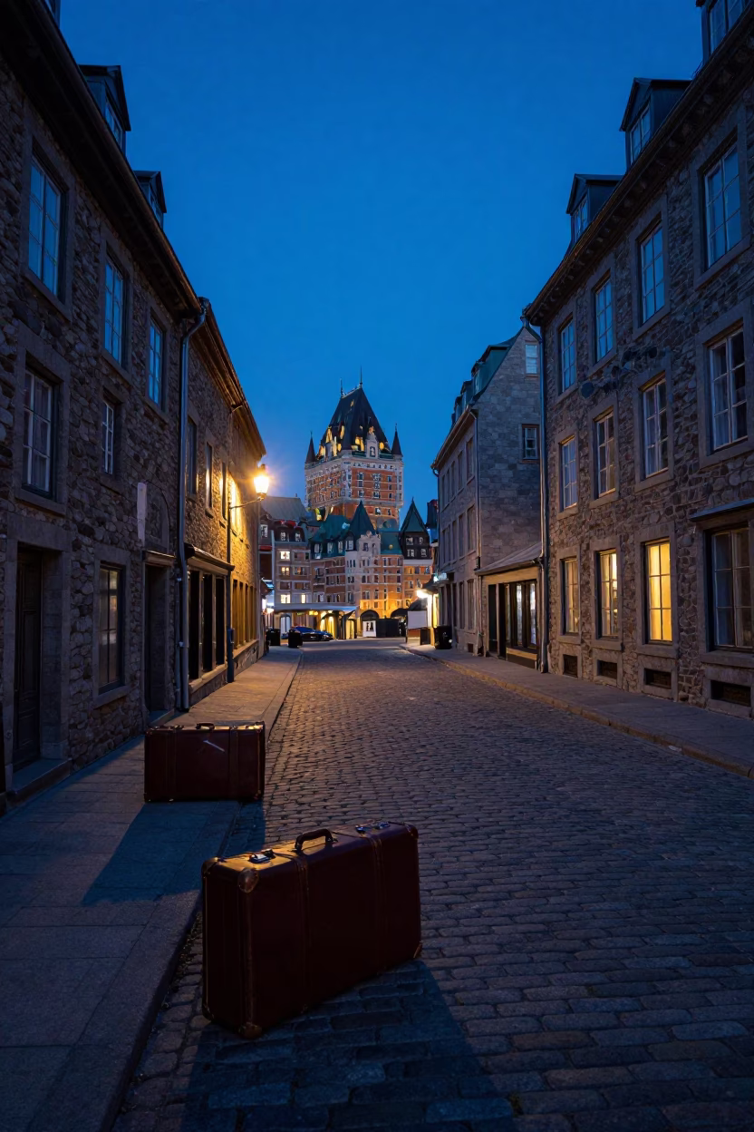 Quebec City indigo twilight street scene with vintage suitcases and iron hook in in Quebec City, Quebec, Canada