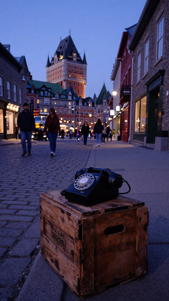 Quebec City Indigo Twilight Street Scene with Vintage Telephone and Rolling Carts in in Quebec City, Quebec, Canada