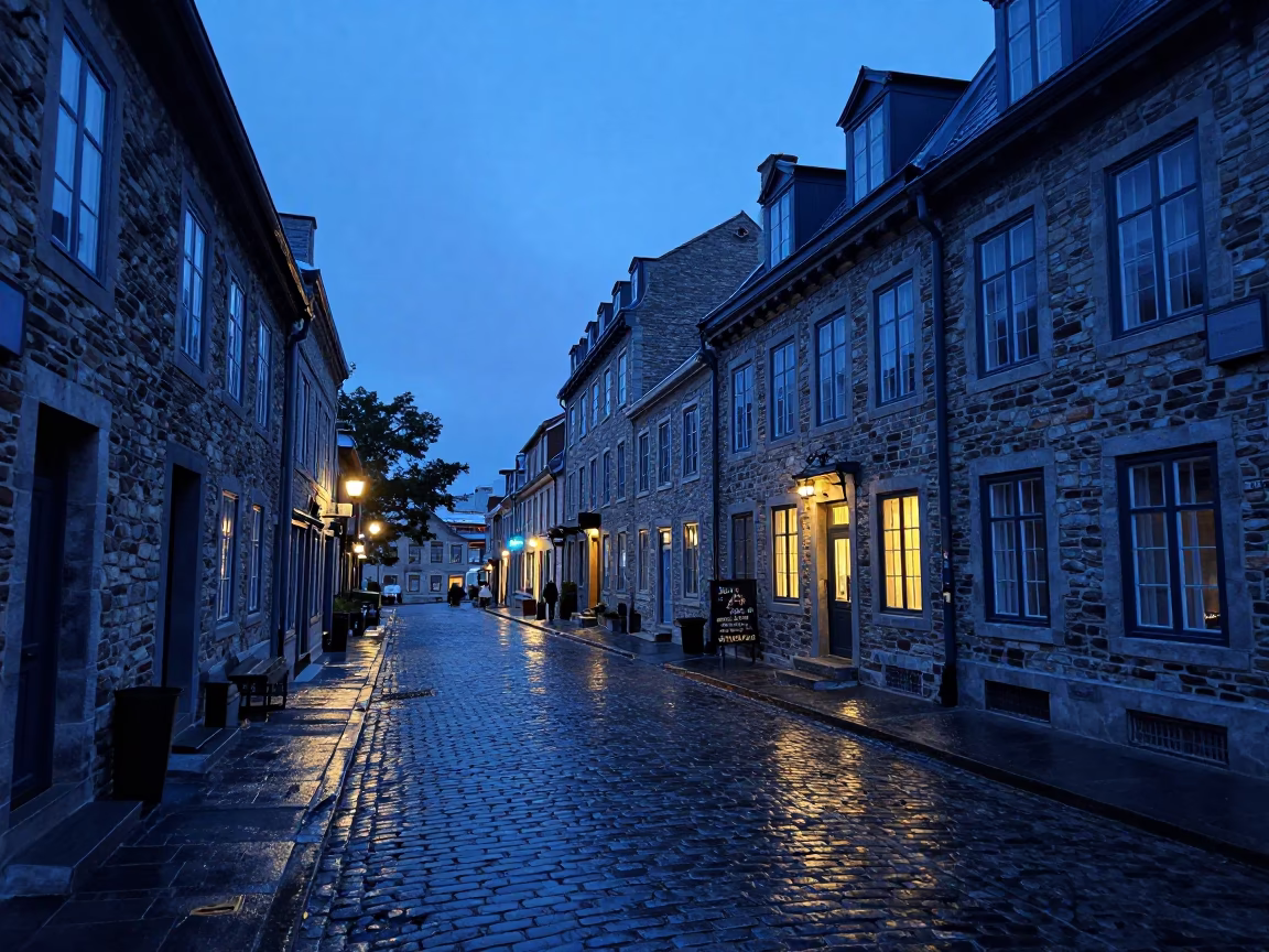 Quebec City Indigo Twilight Streetscape with Wet Cobblestones and Historic Stone Architecture in in Quebec City, Quebec, Canada