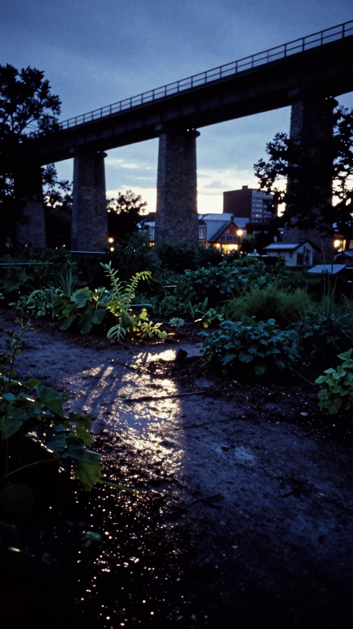Quebec City indigo twilight viaduct shadow over rain-soaked allotment gardens with wooden stool in in Quebec City, Quebec, Canada