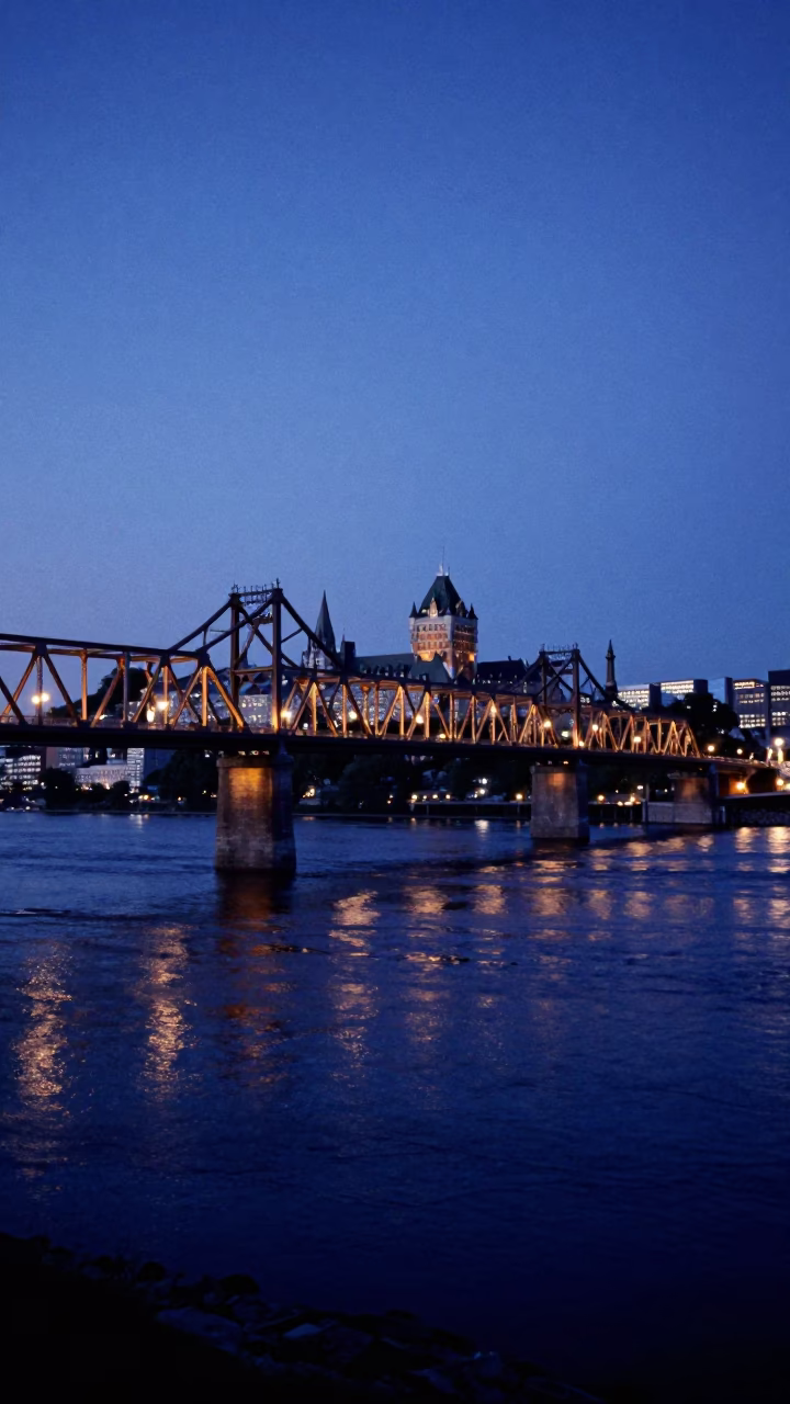 Quebec City Indigo Twilight View of Quebec Bridge and Old Port Waterfront in in Quebec City, Quebec, Canada
