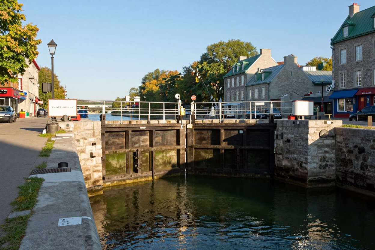 Quebec City Late Afternoon Canal Lock Gate and Street Life in in Quebec City, Quebec, Canada