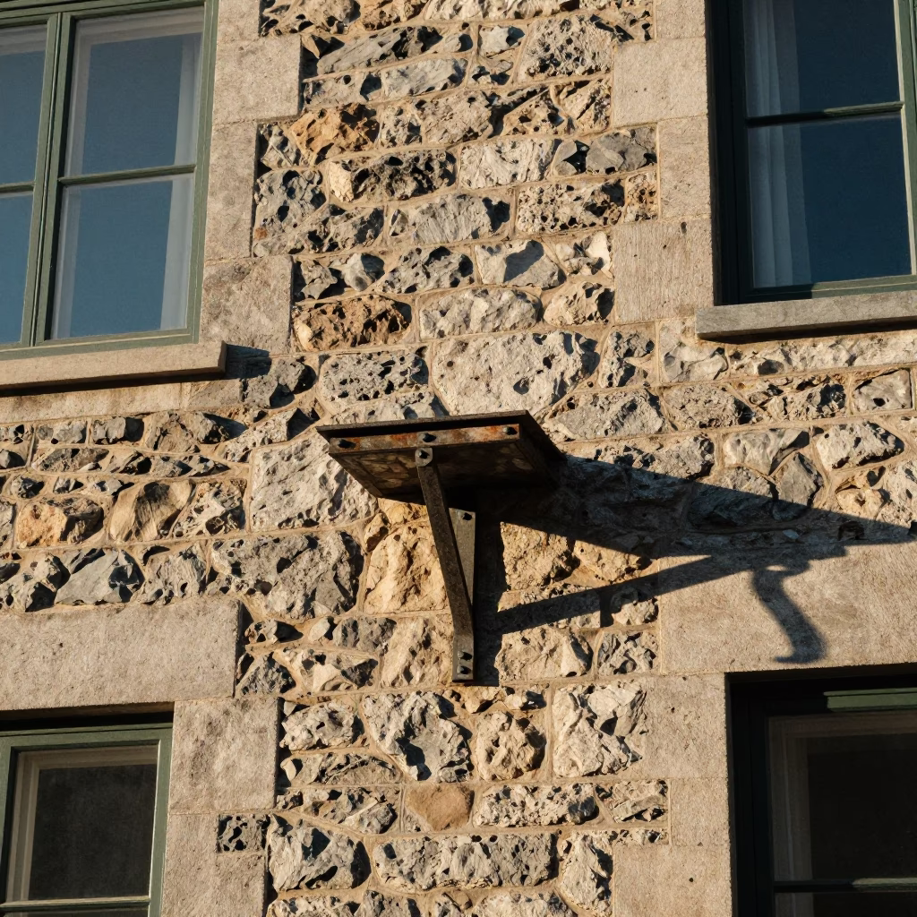 Quebec City Late Afternoon Light on Historic Stone Facade with Rust and Shelf Bracket in in Quebec City, Quebec, Canada
