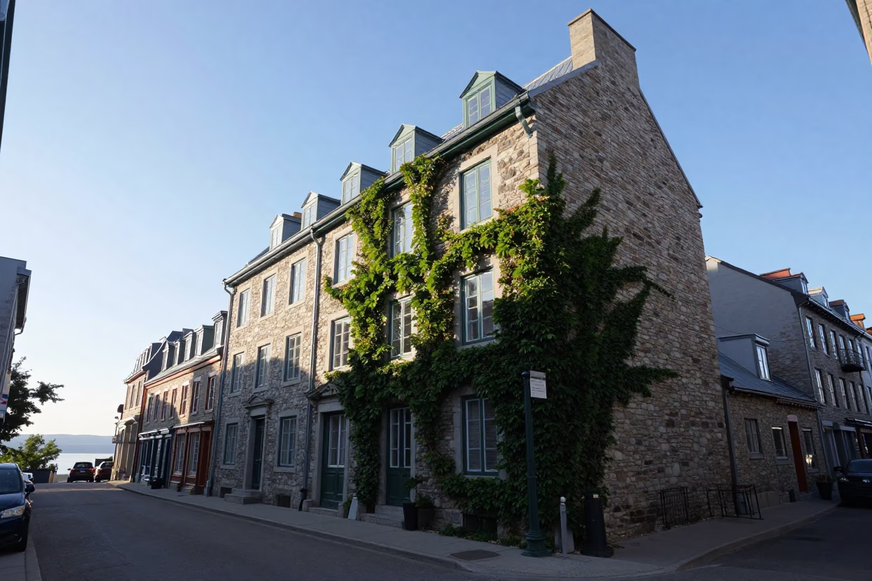 Quebec City Late Afternoon Street Scene with Ivy and Heritage Architecture in in Quebec City, Quebec, Canada