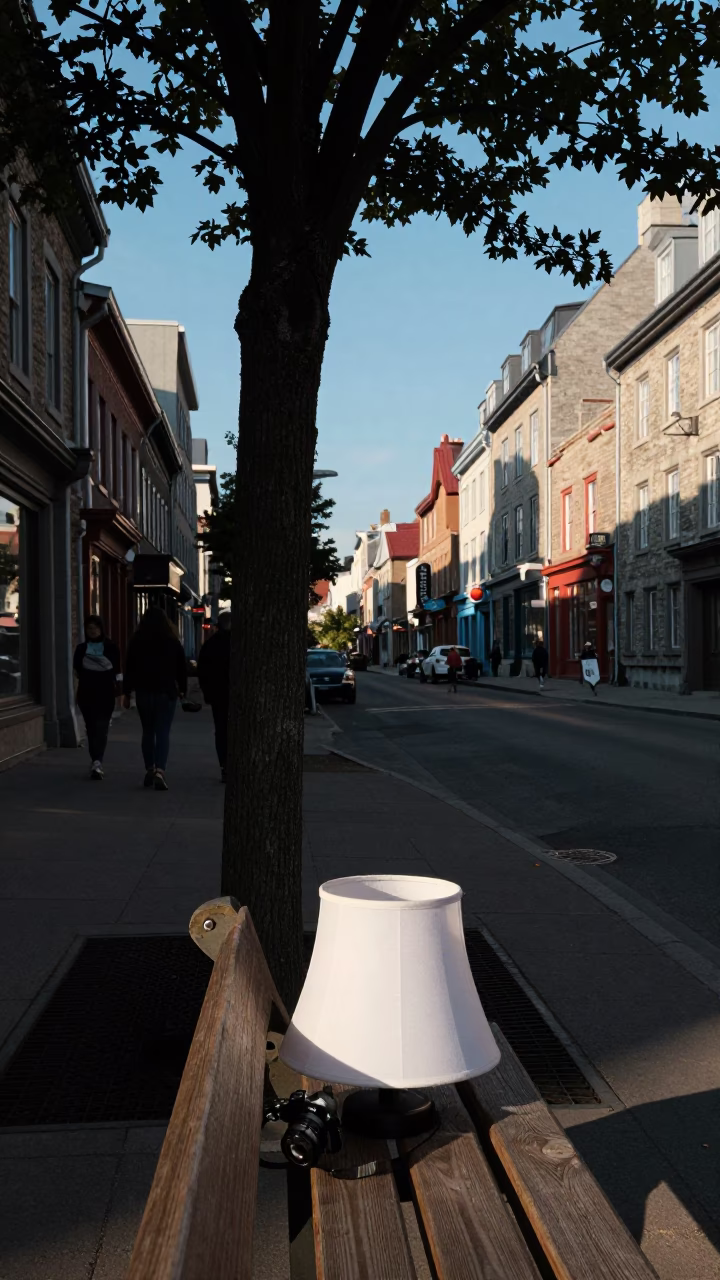 Quebec City Late Afternoon Street Scene with Lampshade and Tree in in Quebec City, Quebec, Canada