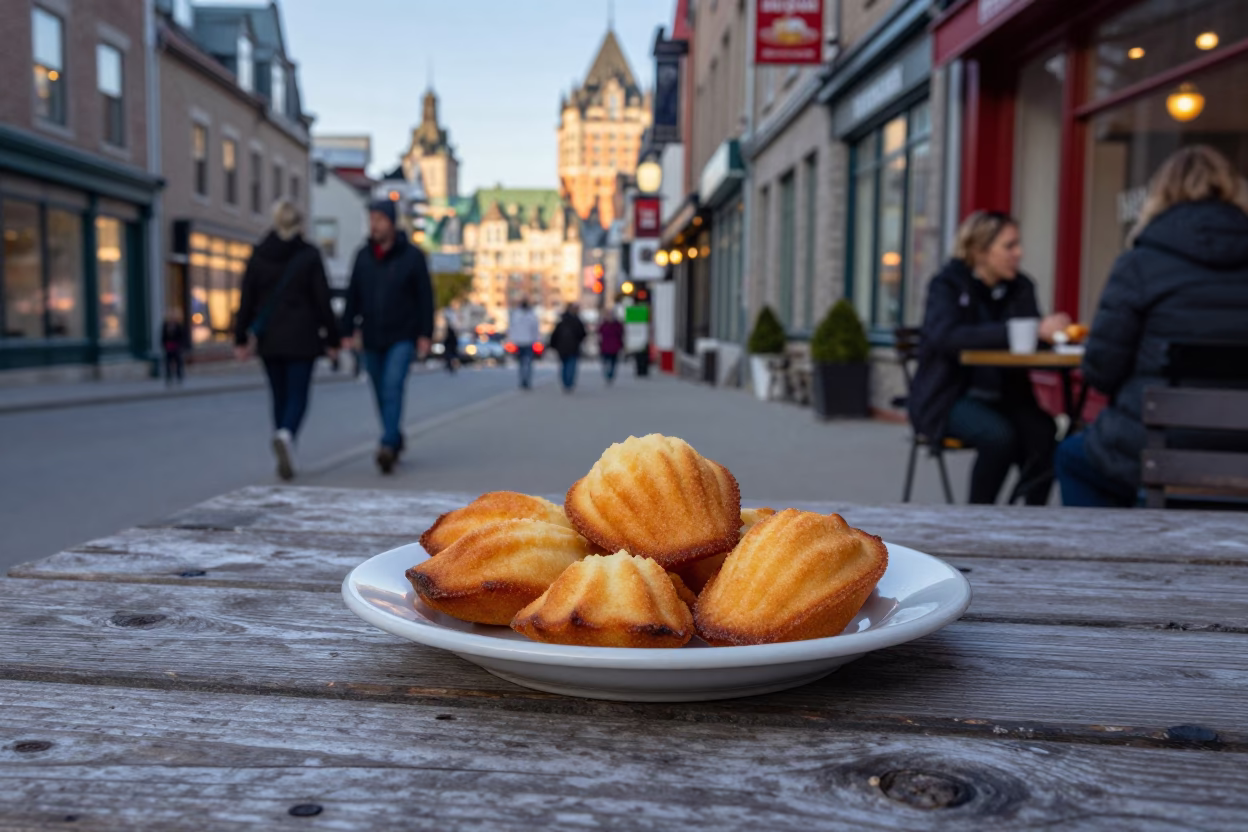 Quebec City Late Afternoon Street Scene with Madeleine Cakes and Plate in in Quebec City, Quebec, Canada