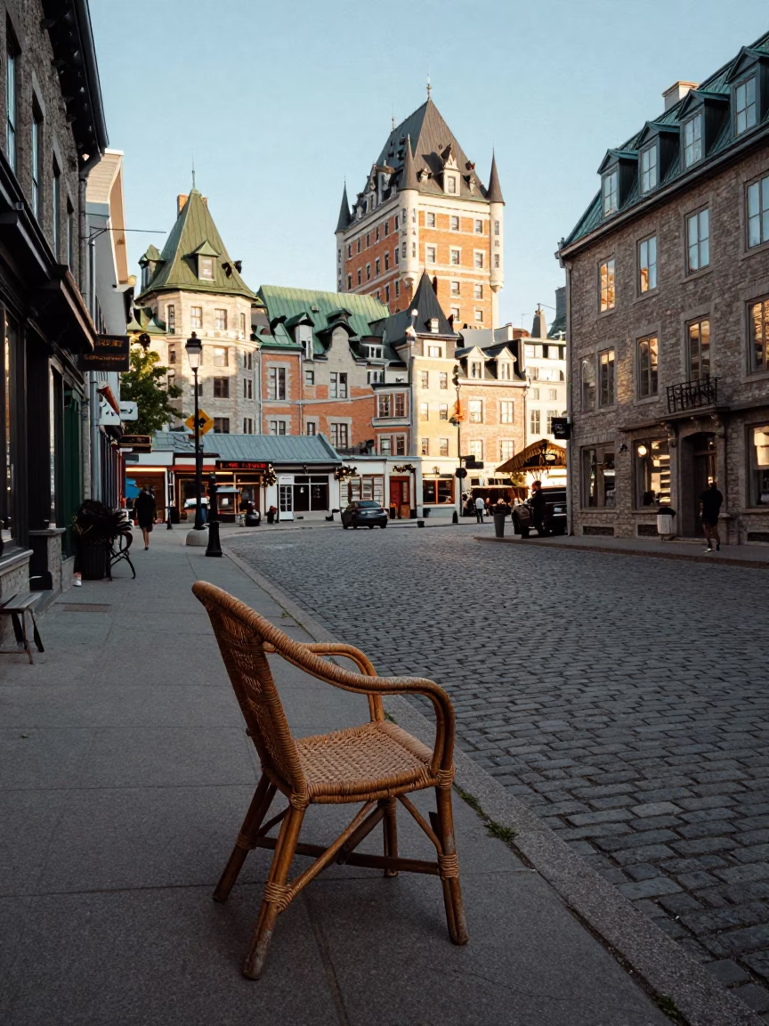 Quebec City Late Afternoon Street Scene with Rattan Chair and Local Interaction in in Quebec City, Quebec, Canada