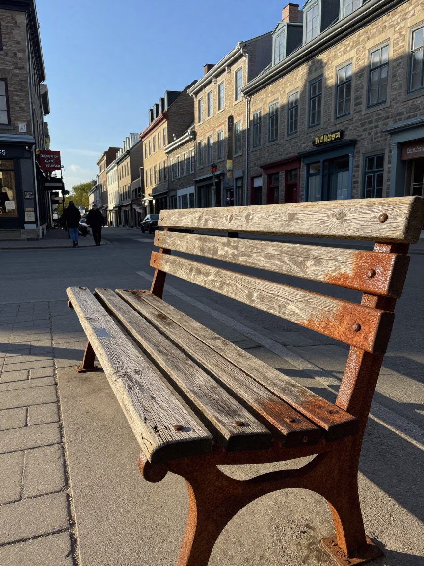 Quebec City Late Afternoon Street Scene with Rusty Bench and Urban Details in in Quebec City, Quebec, Canada