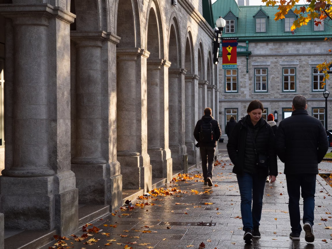 Quebec City Late Afternoon University Arcade Wet Leaves and Pedestrians in in Quebec City, Quebec, Canada