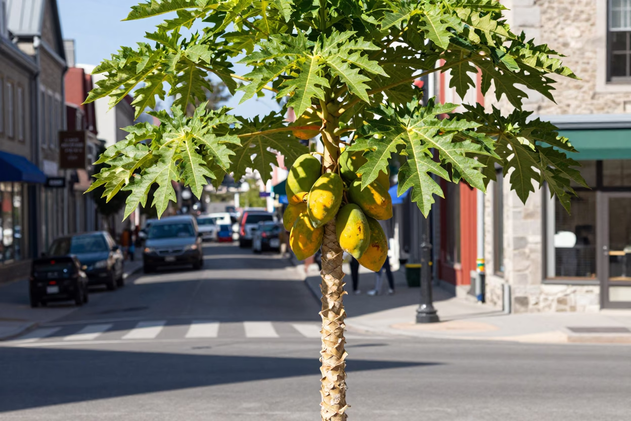 Quebec City Midday Street Scene with Papaya Tree and Urban Life in in Quebec City, Quebec, Canada
