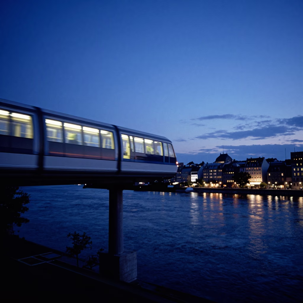 Quebec City Monorail Sweeping Above River in Indigo Twilight in in Quebec City, Quebec, Canada