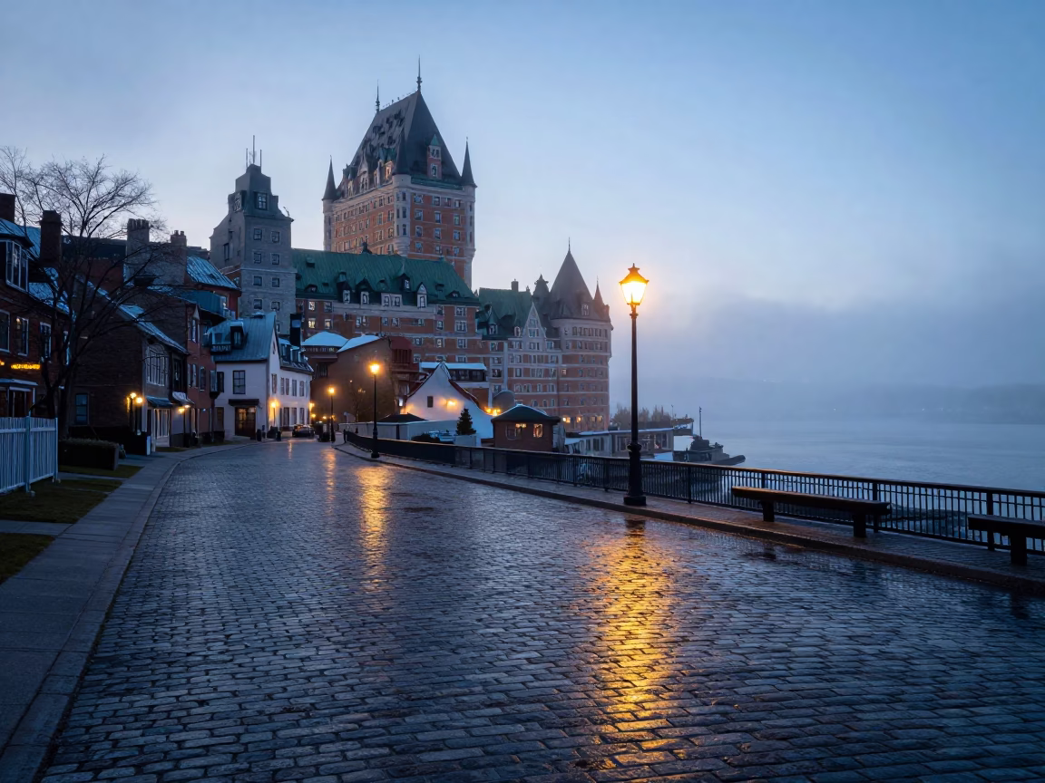 Quebec City Morning Before Sunrise St Lawrence River Fog and Cobblestone Streets in in Quebec City, Quebec, Canada