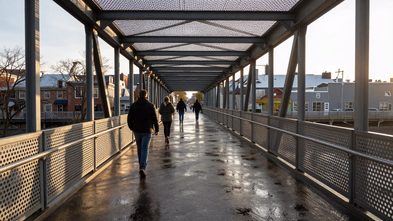 Quebec City Morning Commute on Perforated Metal Pedestrian Bridge After Sunrise in in Quebec City, Quebec, Canada