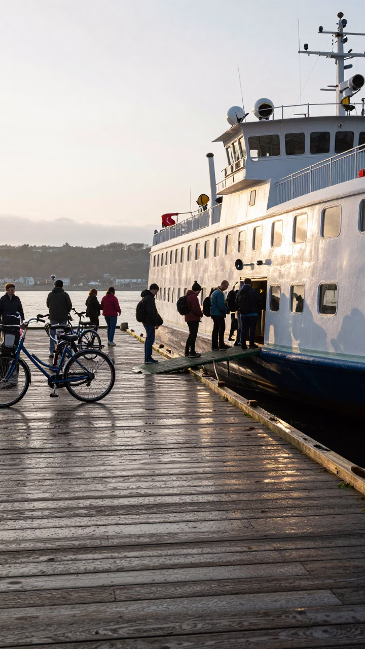 Quebec City Morning Ferry Dock Loading Passengers and Bicycles After Sunrise in in Quebec City, Quebec, Canada